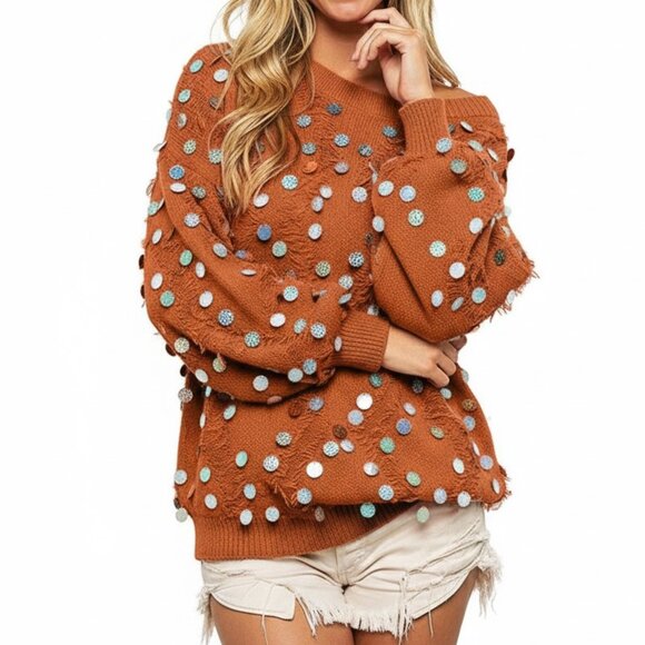 BiBi Tops - NWT BiBi Distressed Effect Bishop Sleeve Spangled Sweater